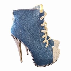 Liliana Blue Denim Lace-Up Studded Peep-Toe Stiletto Booties